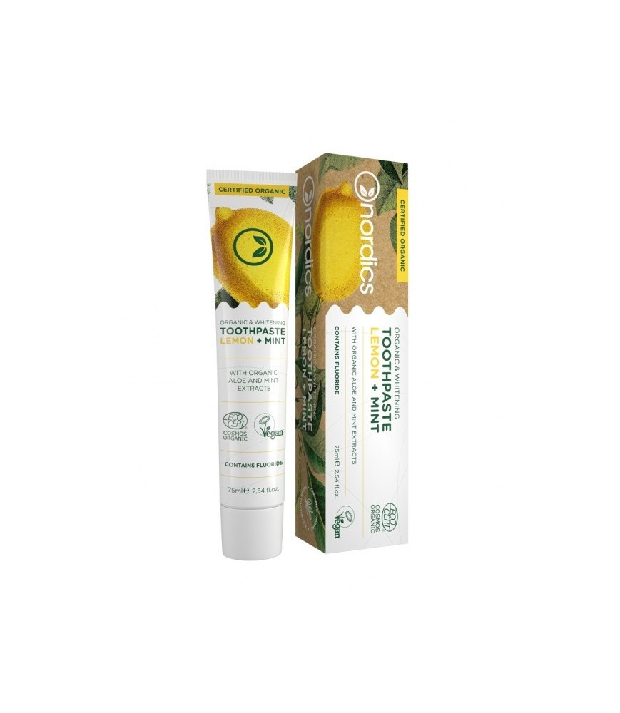 Pasta de dinti organica cu fluor, lamaie si menta, pt. albirea dintilor, Nordics, 75 g
