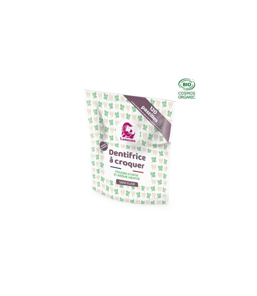 Pasta de dinti tablete cu pudra de urzica si aroma de menta, fara fluor, Lamazuna (120 tablete), 30 g