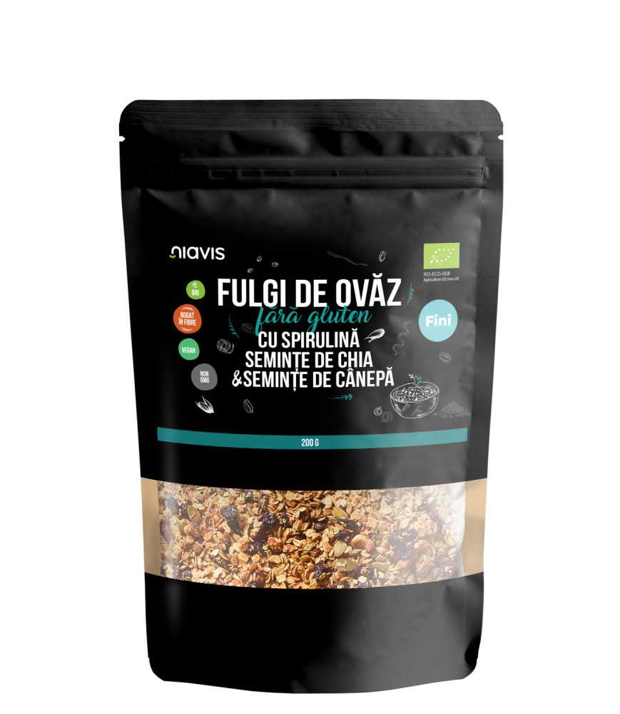 NIAVIS Fulgi de ovăz fini fără gluten cu spirulină, chia și semințe ecologice/bio 200g
