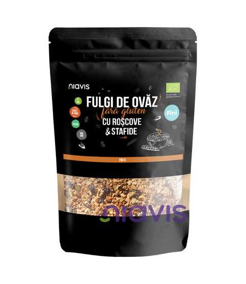 NIAVIS fulgi de ovăz fini fără gluten cu roșcove și stafide ecologici/bio 200g