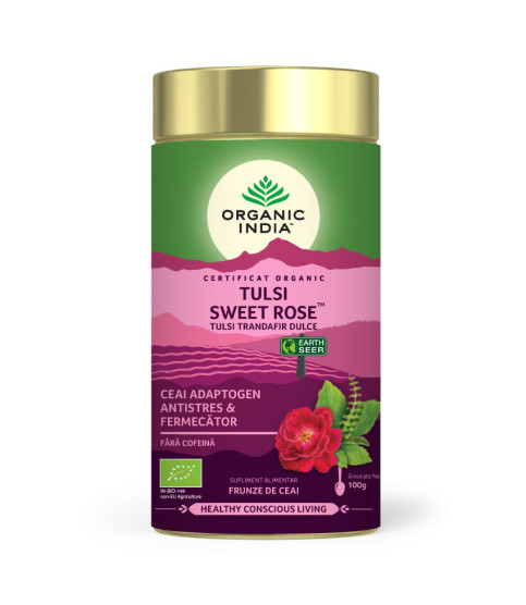 Ceai Tulsi (Busuioc Sfant) Trandafir Dulce | Antistres & Fermecator, cutie 100g